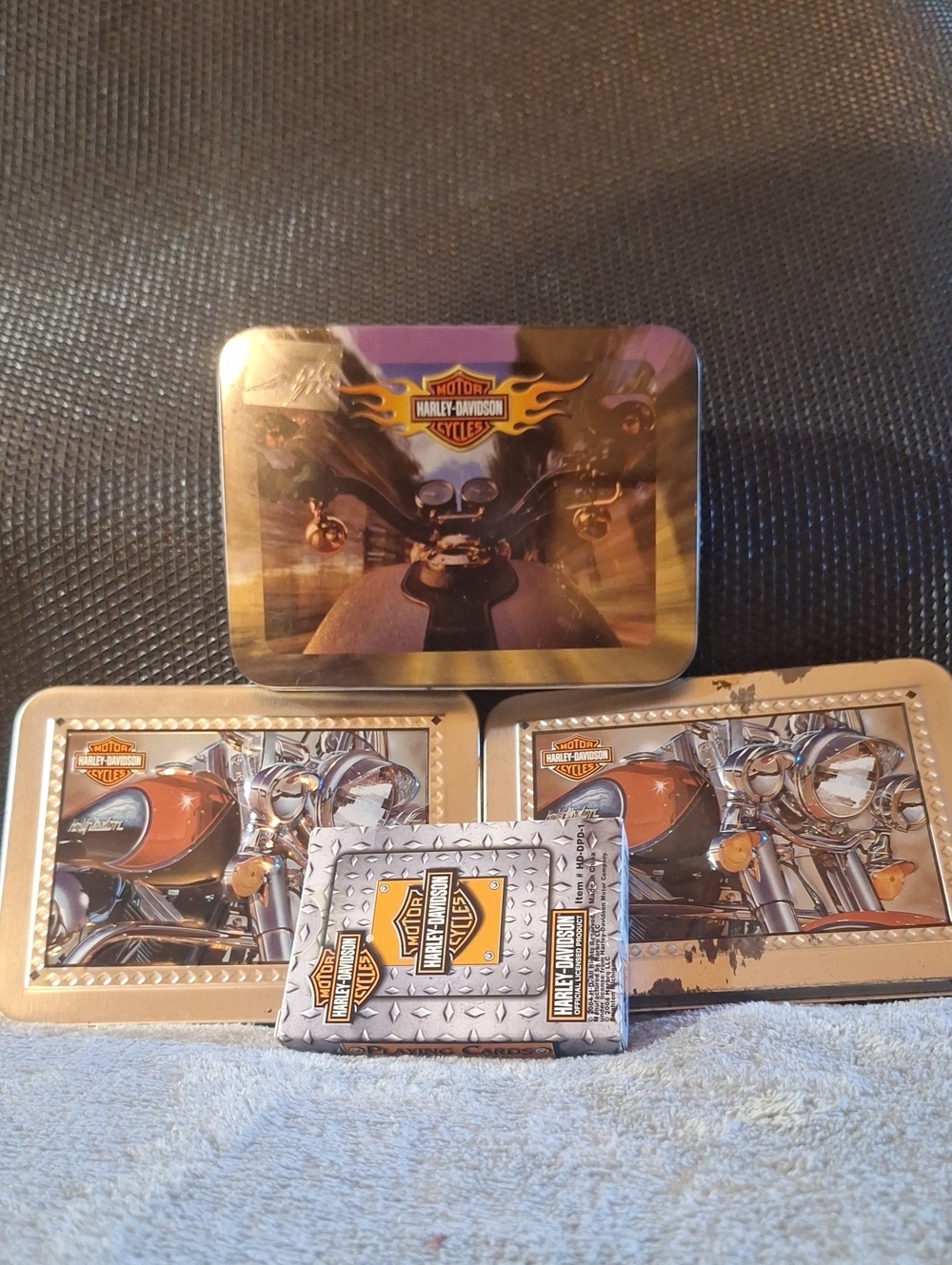 Vintage Harley-Davidson Orange, Silver & Black Collectible Tin Set/3packs Cards